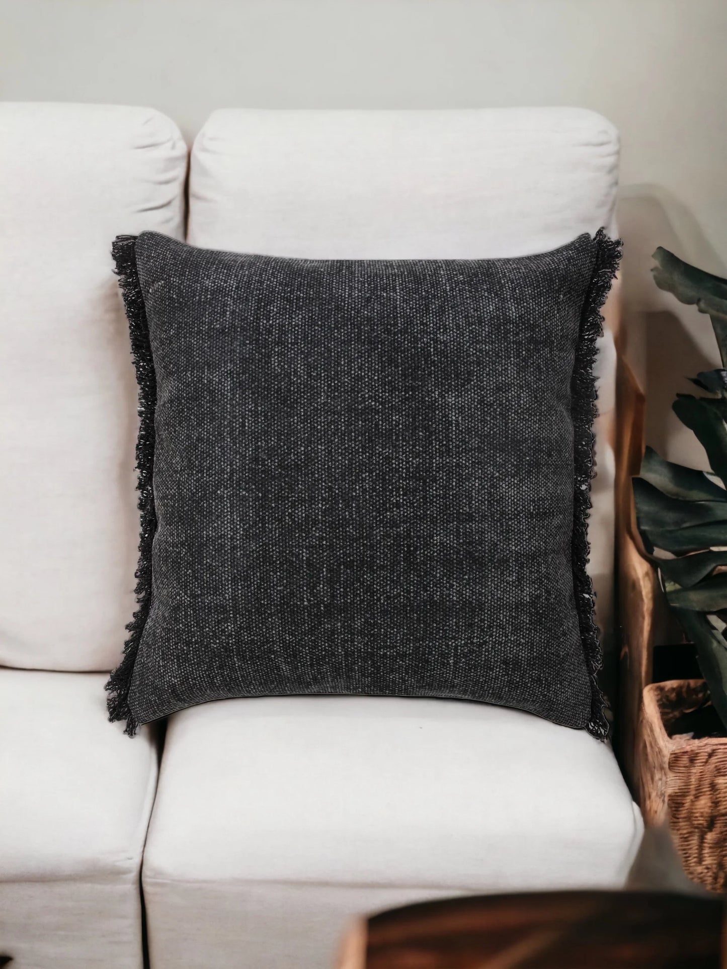 Black Stonewash Fringed Throw Pillow Cover