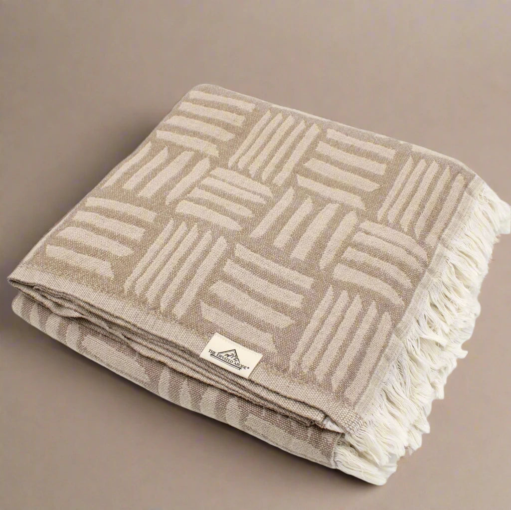 Beige Stripes Pattern Turkish Cotton Throw Blanket